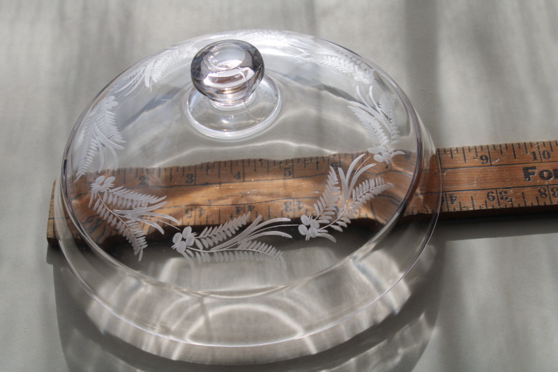 photo of antique glass dome plate cover, early 1900s vintage etched glass fern or foliage pattern #4