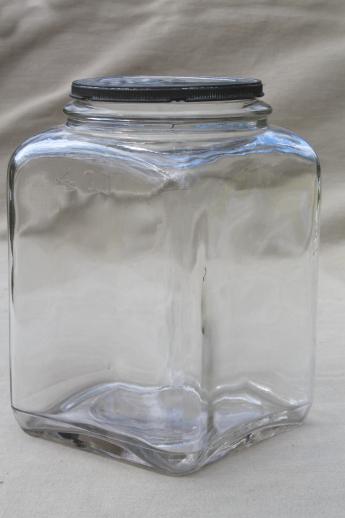 photo of antique glass jar, old store counter canister or butter churn square gallon jar #1