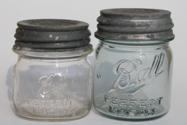 photo of antique glass jelly jars, early 1900s vintage Ball Mason jam jars w/ old zinc lids #1