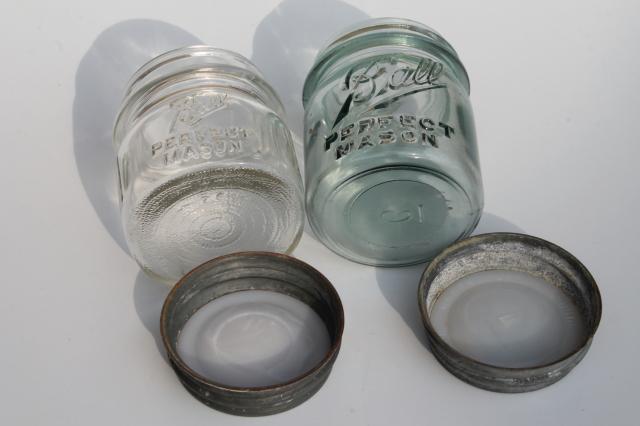 photo of antique glass jelly jars, early 1900s vintage Ball Mason jam jars w/ old zinc lids #4