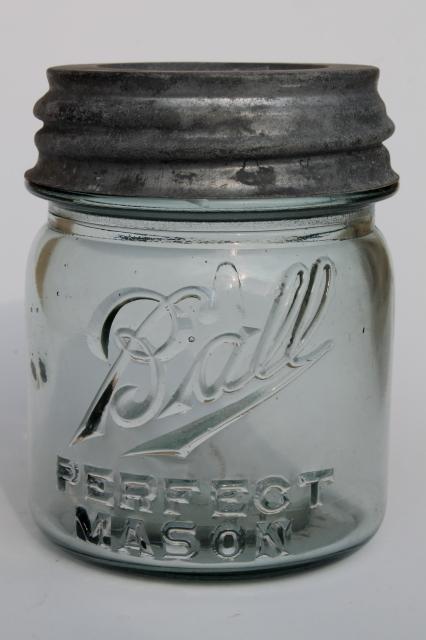 photo of antique glass jelly jars, early 1900s vintage Ball Mason jam jars w/ old zinc lids #5