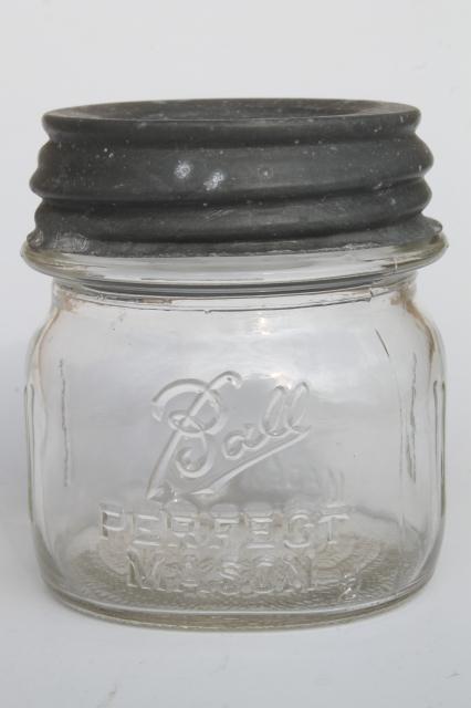 photo of antique glass jelly jars, early 1900s vintage Ball Mason jam jars w/ old zinc lids #6