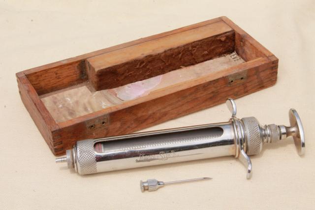 photo of antique glass & metal syringe, vintage Jen-Sal Royal  veterinary medicine farm doctor #1