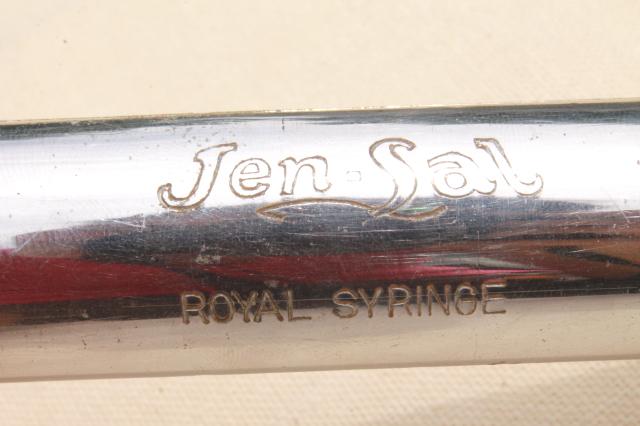 photo of antique glass & metal syringe, vintage Jen-Sal Royal  veterinary medicine farm doctor #2