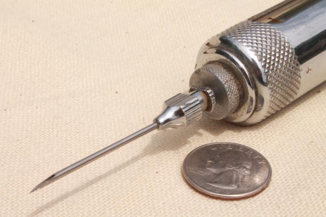 photo of antique glass & metal syringe, vintage Jen-Sal Royal  veterinary medicine farm doctor #3