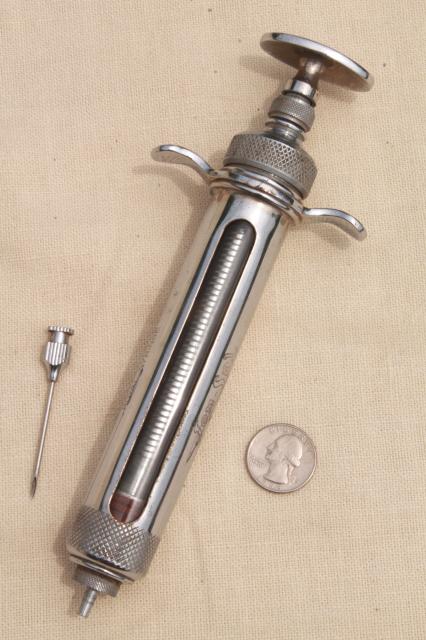 photo of antique glass & metal syringe, vintage Jen-Sal Royal  veterinary medicine farm doctor #8