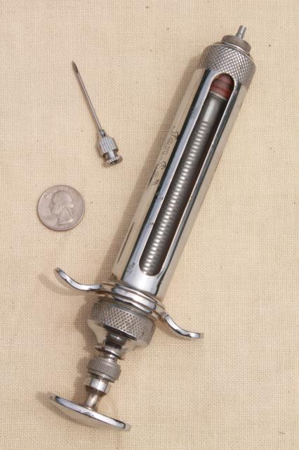 photo of antique glass & metal syringe, vintage Jen-Sal Royal  veterinary medicine farm doctor #9