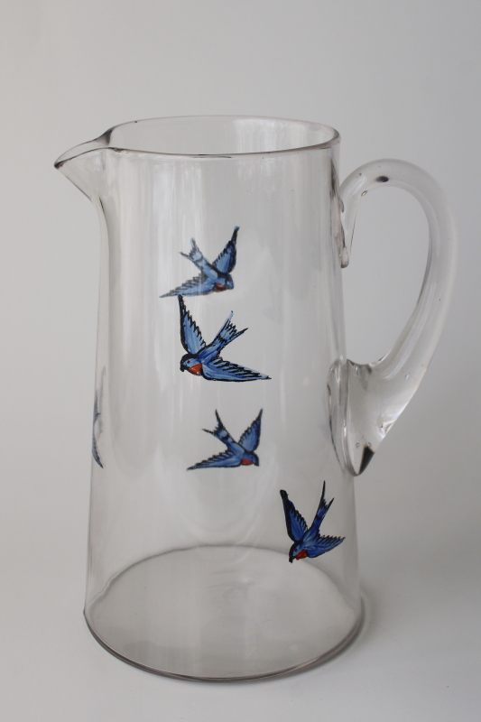 photo of antique glass pitcher w/ hand painted bluebirds, early 1900s vintage bluebird of happiness  #1