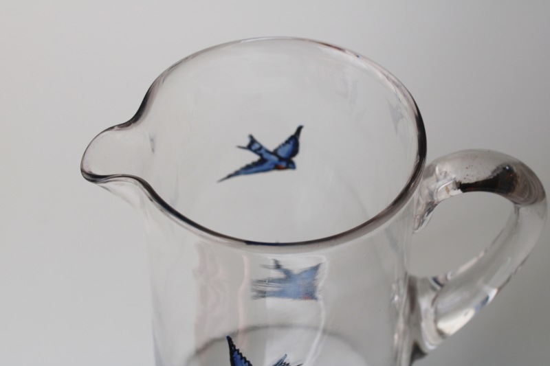 photo of antique glass pitcher w/ hand painted bluebirds, early 1900s vintage bluebird of happiness  #2