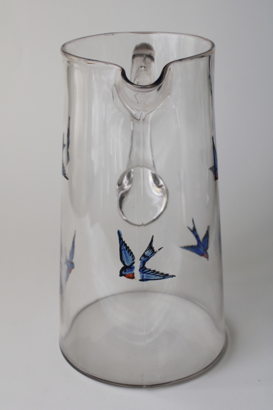 photo of antique glass pitcher w/ hand painted bluebirds, early 1900s vintage bluebird of happiness  #3