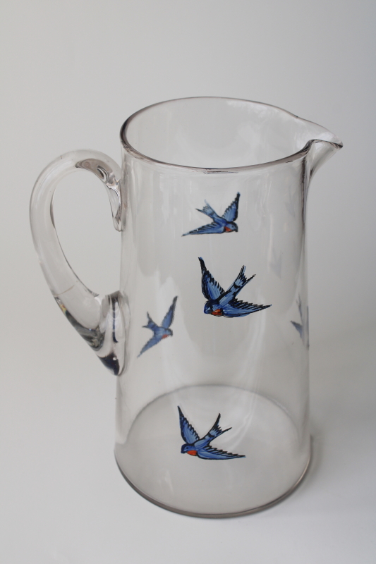 photo of antique glass pitcher w/ hand painted bluebirds, early 1900s vintage bluebird of happiness  #4