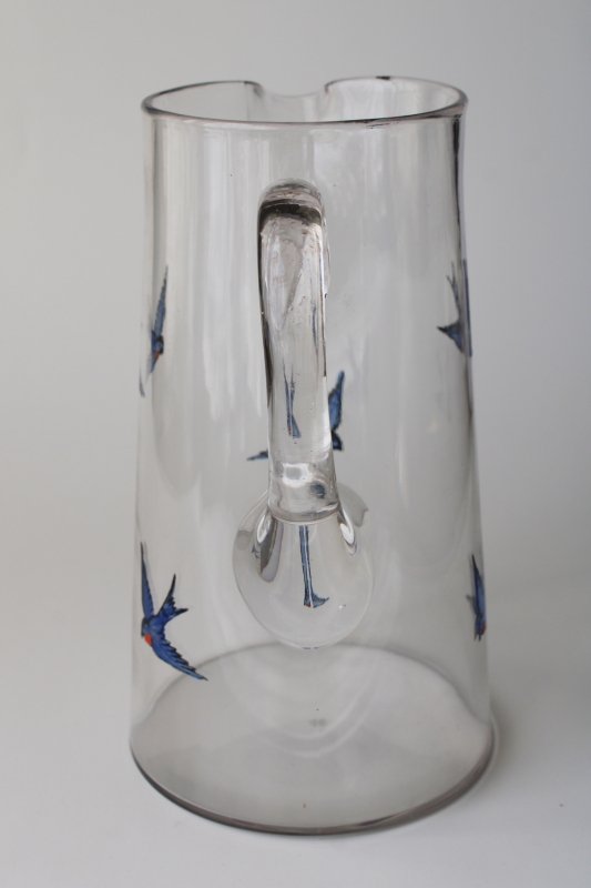 photo of antique glass pitcher w/ hand painted bluebirds, early 1900s vintage bluebird of happiness  #5