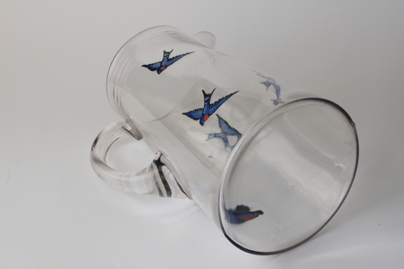 photo of antique glass pitcher w/ hand painted bluebirds, early 1900s vintage bluebird of happiness  #6