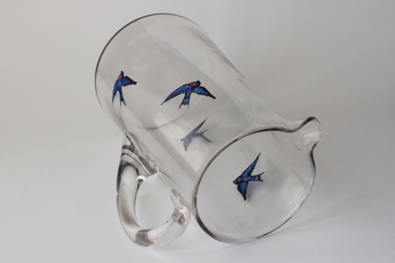 photo of antique glass pitcher w/ hand painted bluebirds, early 1900s vintage bluebird of happiness  #7