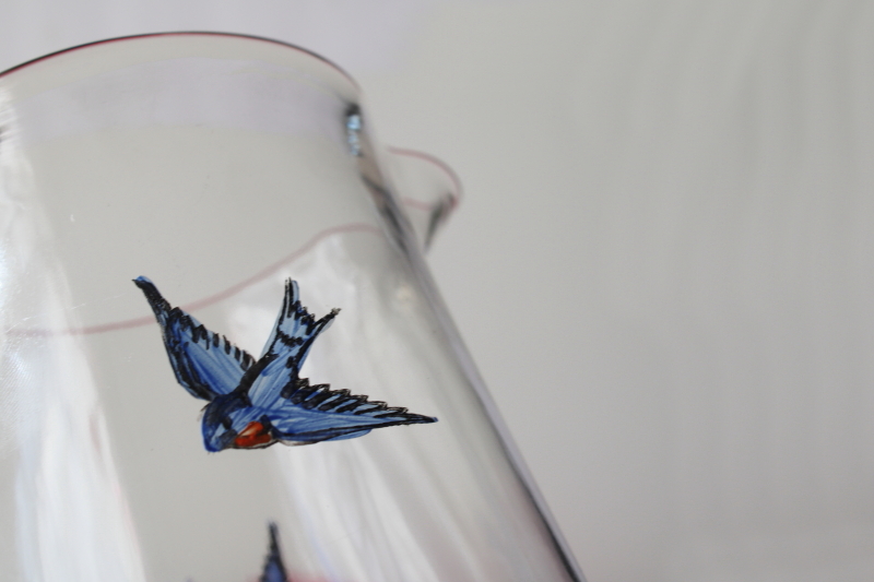 photo of antique glass pitcher w/ hand painted bluebirds, early 1900s vintage bluebird of happiness  #8