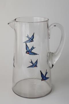 antique glass pitcher w/ hand painted bluebirds, early 1900s vintage bluebird of happiness 