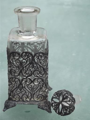 photo of antique glass scent bottle w/ metal filigree, vanity table eau de cologne #2