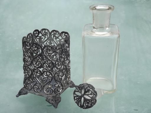 photo of antique glass scent bottle w/ metal filigree, vanity table eau de cologne #3