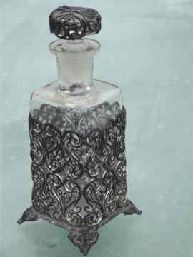 catalog photo of antique glass scent bottle w/ metal filigree, vanity table eau de cologne