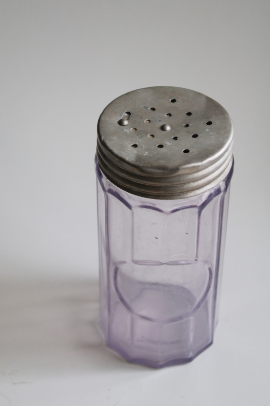 photo of antique glass spice jar w/ metal shaker lid, vintage hoosier canister sun purple glass #1