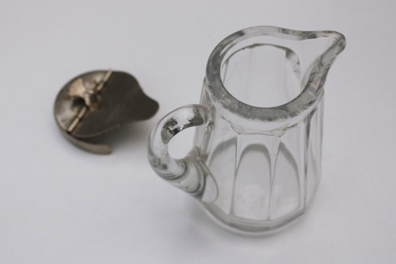 photo of antique glass syrup pitcher w/ metal lid, blown and pressed glass panel pattern #5