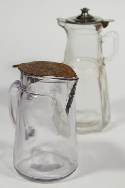 photo of antique glass syrup pitchers w/ metal lids, turn of the century vintage glassware #1