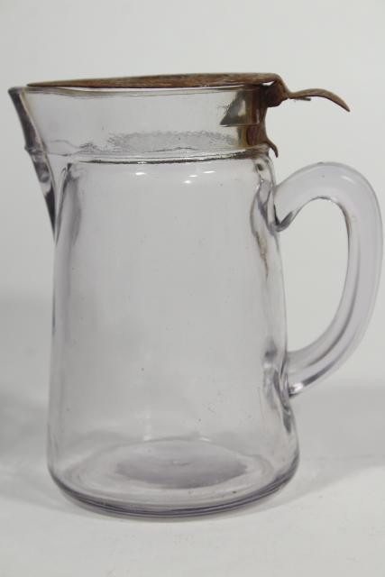 photo of antique glass syrup pitchers w/ metal lids, turn of the century vintage glassware #2