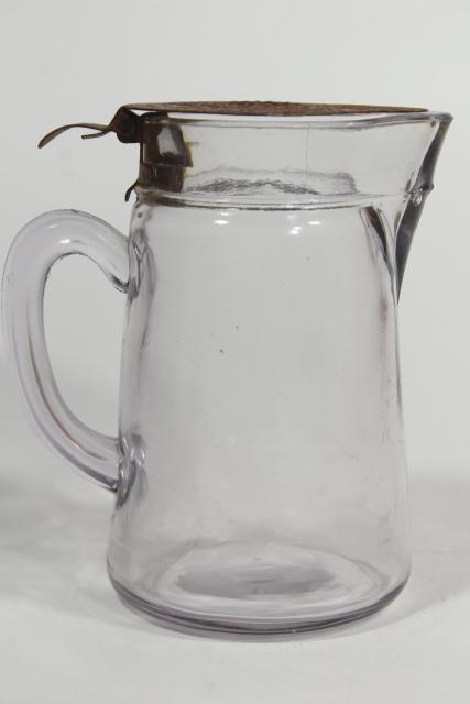 photo of antique glass syrup pitchers w/ metal lids, turn of the century vintage glassware #4