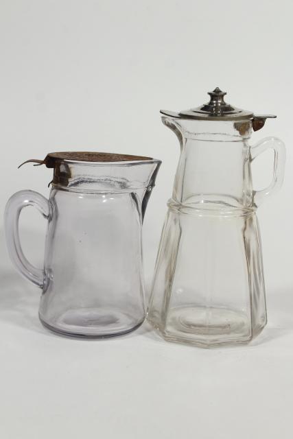 photo of antique glass syrup pitchers w/ metal lids, turn of the century vintage glassware #9