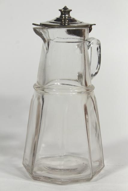 photo of antique glass syrup pitchers w/ metal lids, turn of the century vintage glassware #10