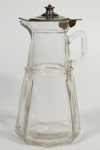 photo of antique glass syrup pitchers w/ metal lids, turn of the century vintage glassware #11