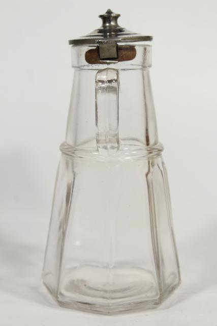 photo of antique glass syrup pitchers w/ metal lids, turn of the century vintage glassware #12