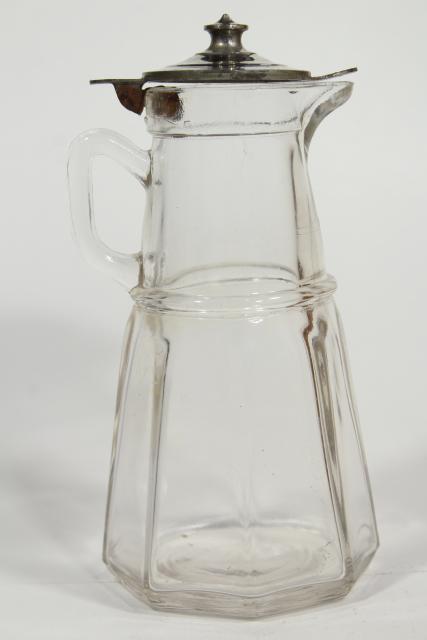 photo of antique glass syrup pitchers w/ metal lids, turn of the century vintage glassware #13