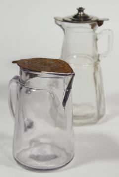 antique glass syrup pitchers w/ metal lids, turn of the century vintage glassware