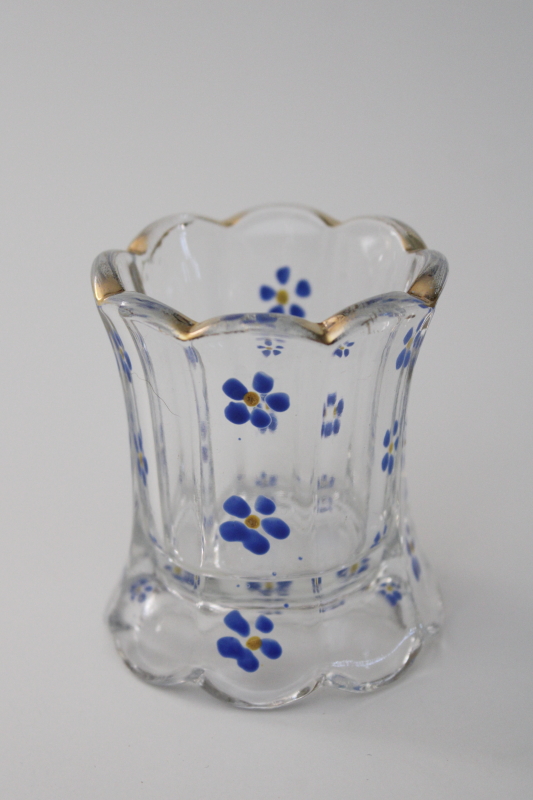 photo of antique glass toothpick holder w/ hand painted enamel, blue forget me not flowers #1