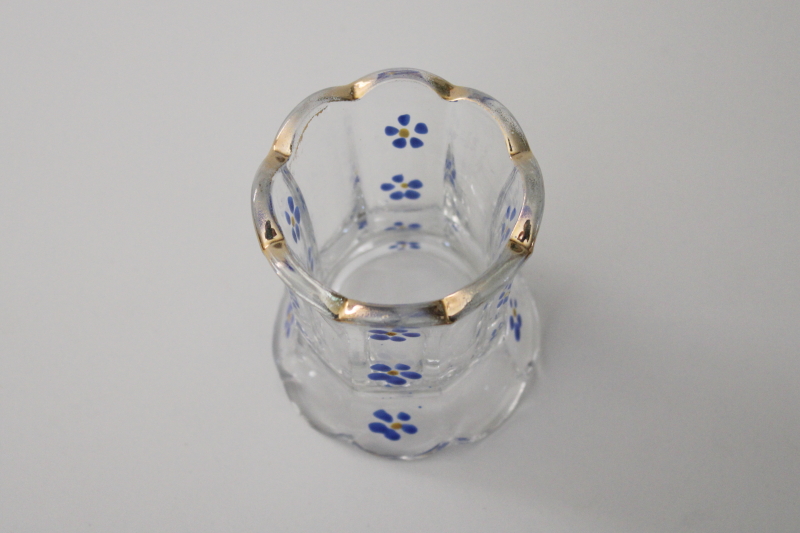 photo of antique glass toothpick holder w/ hand painted enamel, blue forget me not flowers #2