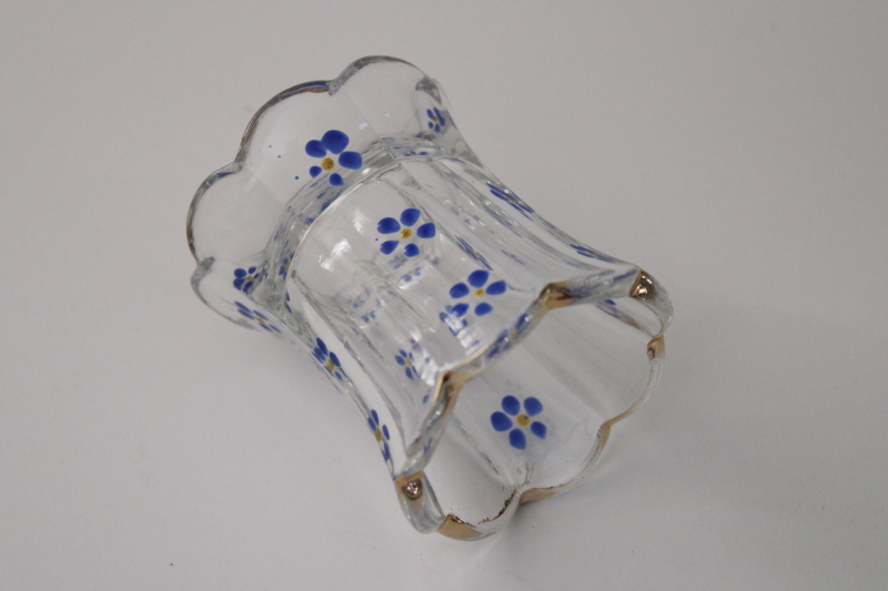 photo of antique glass toothpick holder w/ hand painted enamel, blue forget me not flowers #5