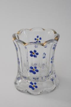 antique glass toothpick holder w/ hand painted enamel, blue forget me not flowers