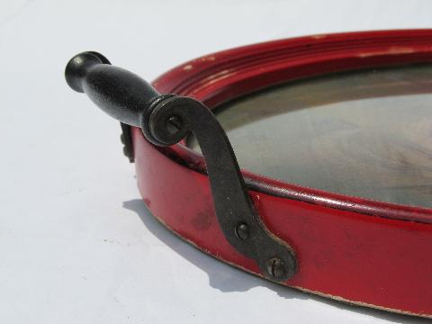 photo of antique glass topped oval tray w/handles, painted ships in red frame #4