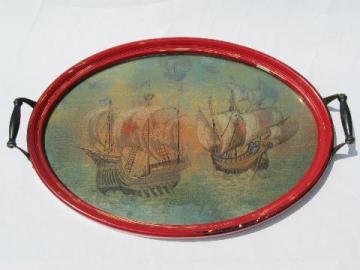 catalog photo of antique glass topped oval tray w/handles, painted ships in red frame