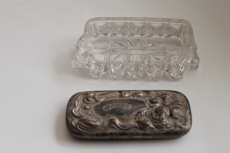 photo of antique glass trinket box w/ ornate engraved silver lid, souvenir of Chicago #2