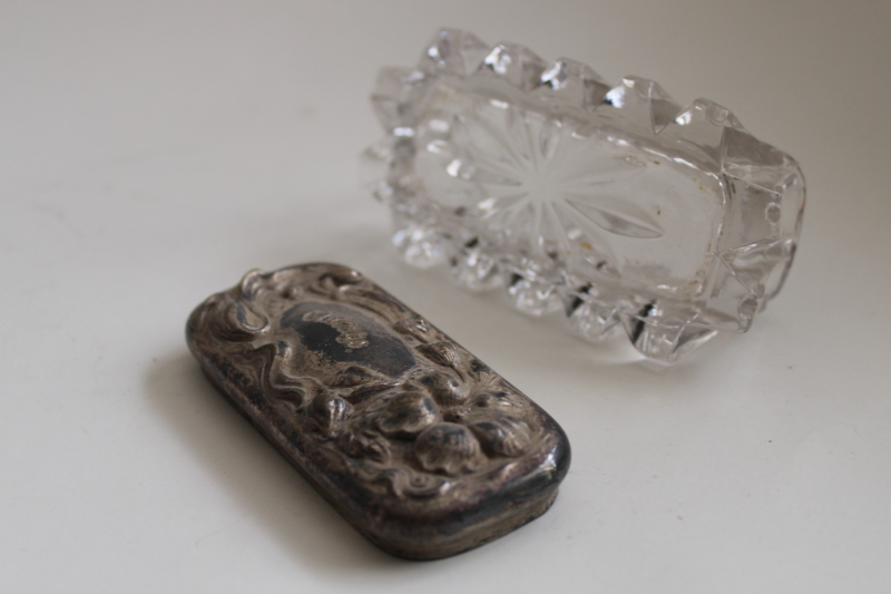 photo of antique glass trinket box w/ ornate engraved silver lid, souvenir of Chicago #4