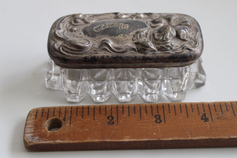photo of antique glass trinket box w/ ornate engraved silver lid, souvenir of Chicago #5