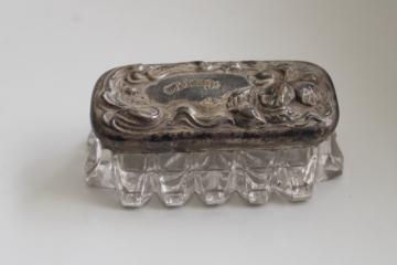 catalog photo of antique glass trinket box w/ ornate engraved silver lid, souvenir of Chicago