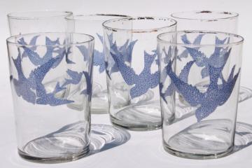 catalog photo of antique glass tumblers, vintage drinking glasses w/ bluebirds or flying swallow birds in blue