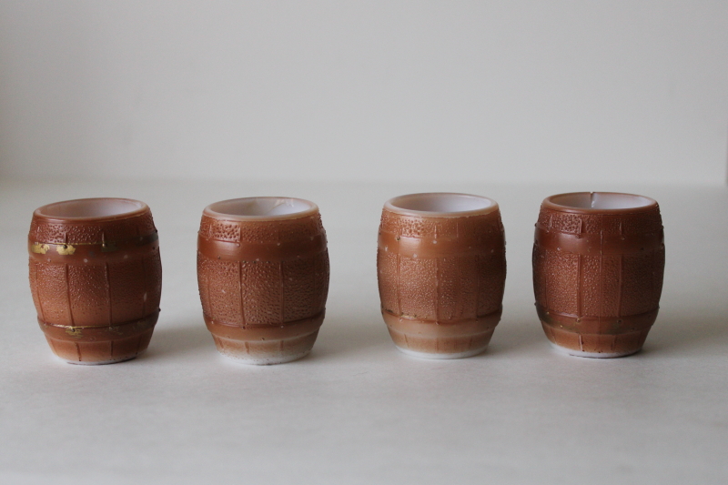 photo of antique glass whimsies mini barrel match or toothpick holders, brown painted milk glass beer barrels  #1