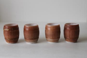 antique glass whimsies mini barrel match or toothpick holders, brown painted milk glass beer barrels 