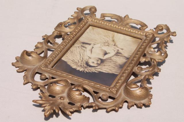 photo of antique gold cast metal picture frame w/ vintage sepia tone baby photo #5