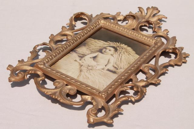 photo of antique gold cast metal picture frame w/ vintage sepia tone baby photo #6