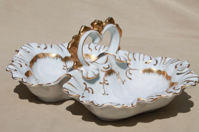 photo of antique gold encrusted white porcelain divided dish, china double bowl w/ center handle #1